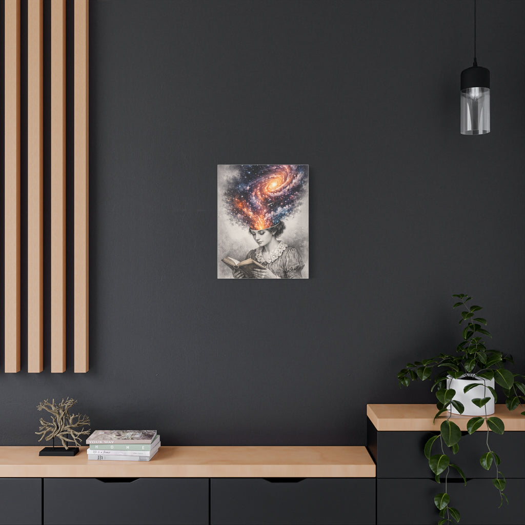Canvas art of a vintage reader with a glowing galaxy and stars swirling from her mind above an open book.