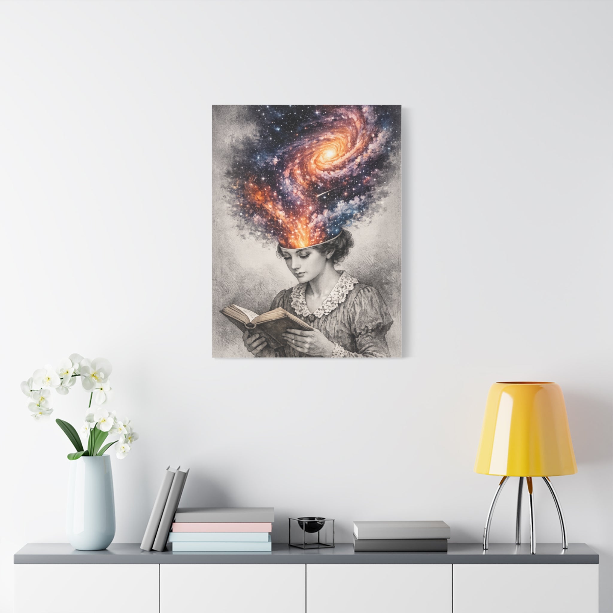 Canvas art of a vintage reader with a glowing galaxy and stars swirling from her mind above an open book.