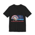 Black t-shirt with a graphic design of a beach scene, rainbow, and text on a white background