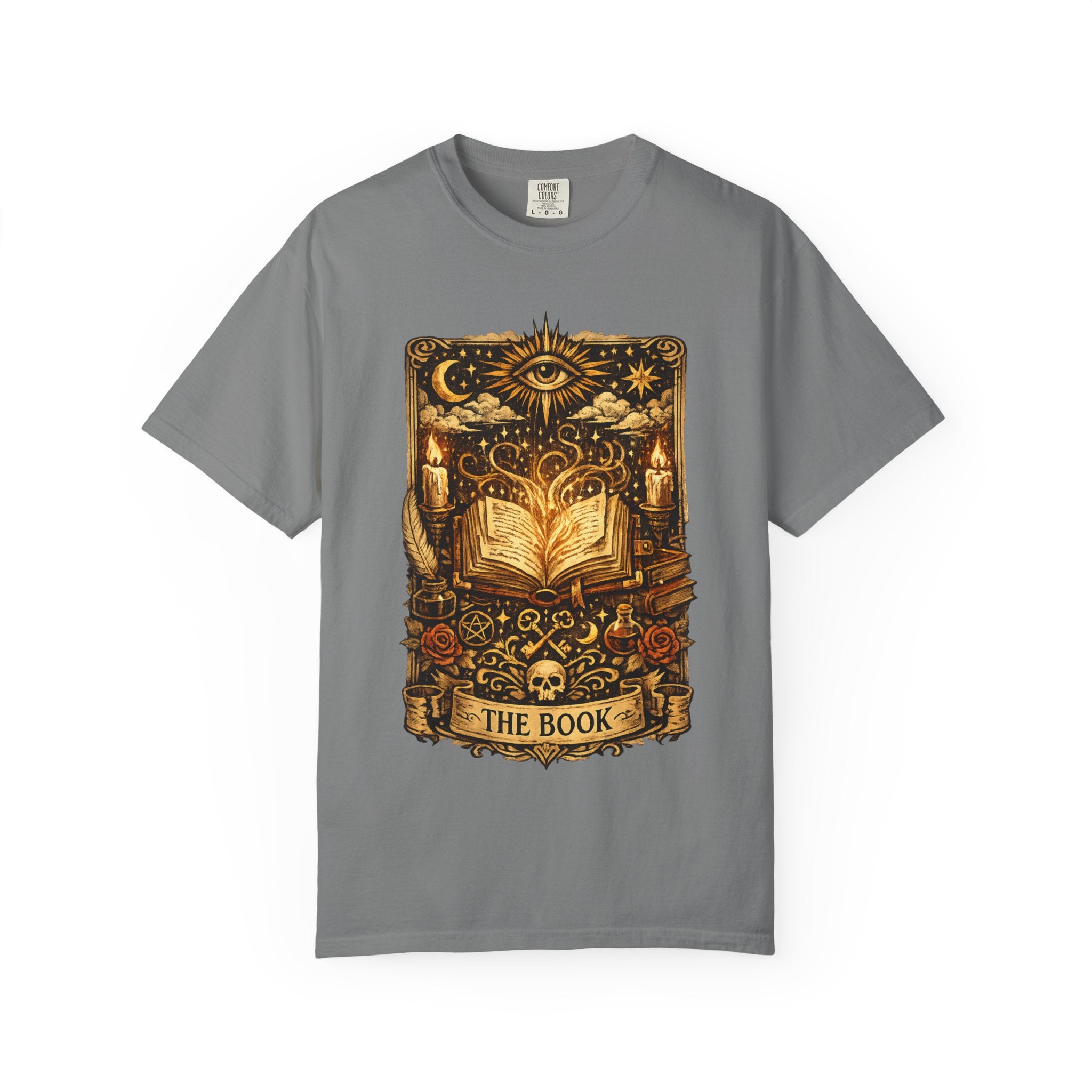 Gray t-shirt with a gold graphic design on a white background