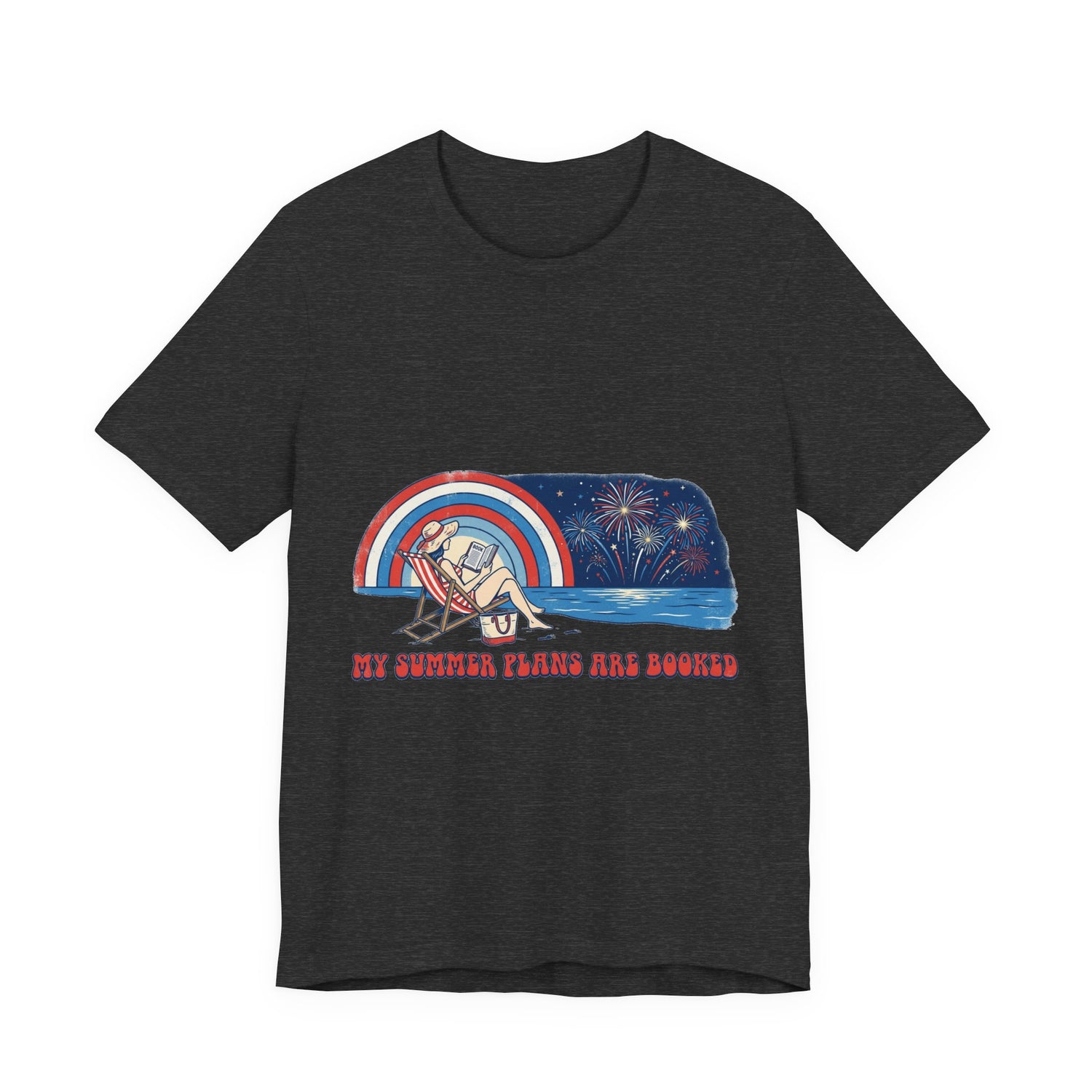 Black t-shirt with a graphic design of a beach scene, rainbow, and text on a white background