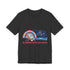 Black t-shirt with a graphic design of a beach scene, rainbow, and text on a white background