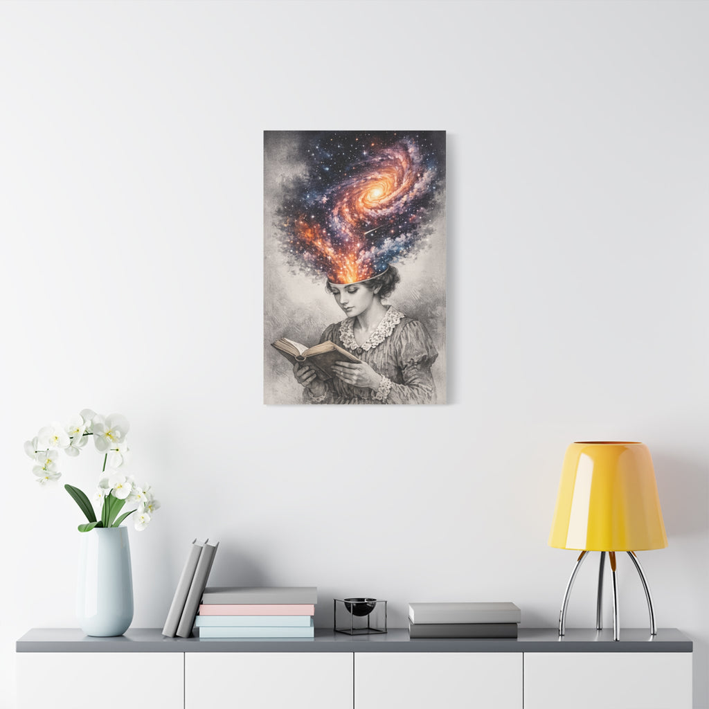 Canvas art of a vintage reader with a glowing galaxy and stars swirling from her mind above an open book.