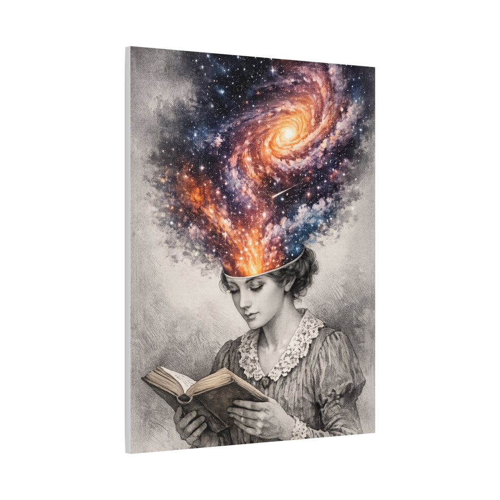 Canvas art of a vintage reader with a glowing galaxy and stars swirling from her mind above an open book.