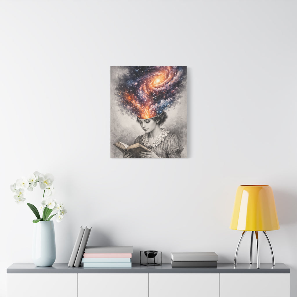 Canvas art of a vintage reader with a glowing galaxy and stars swirling from her mind above an open book.
