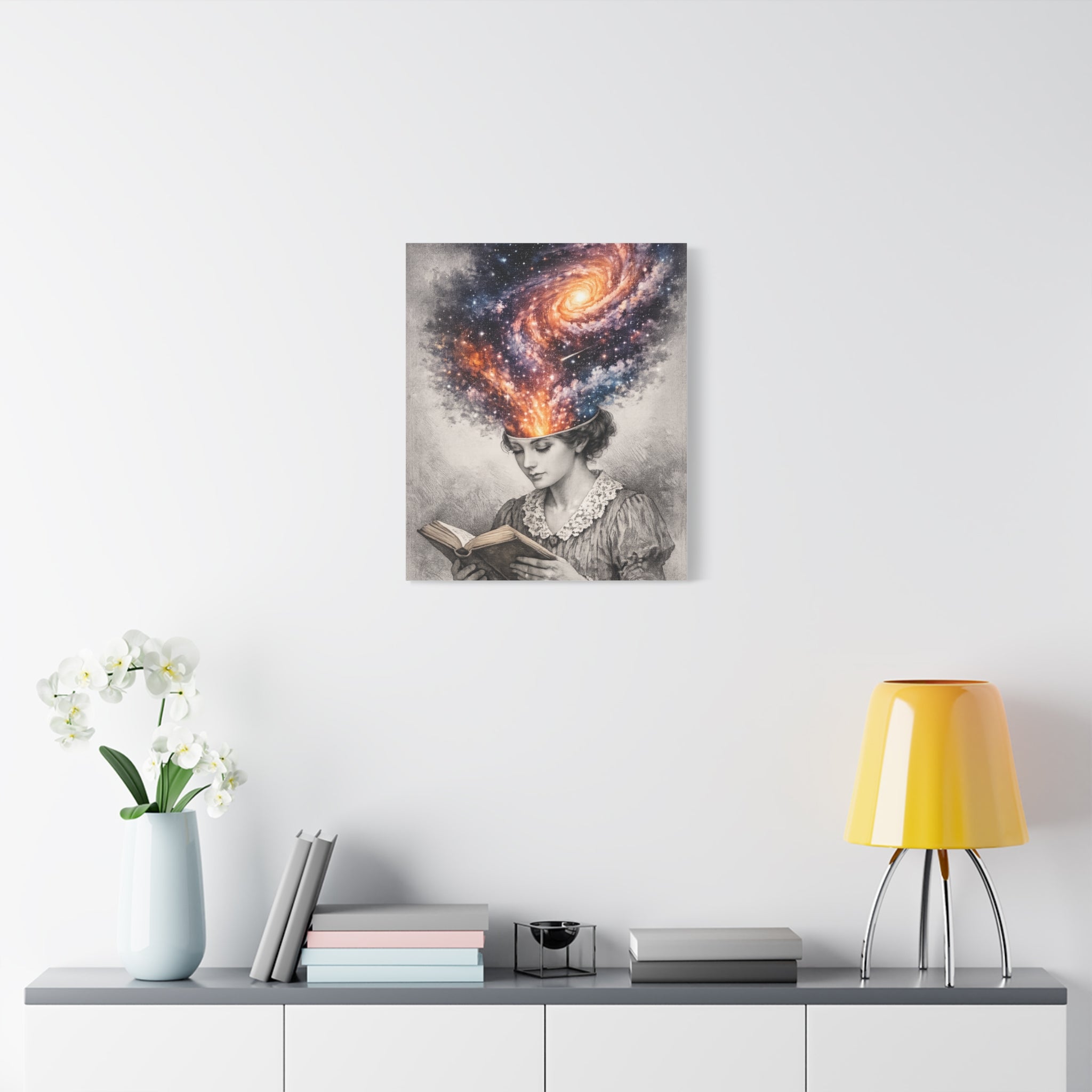 Canvas art of a vintage reader with a glowing galaxy and stars swirling from her mind above an open book.