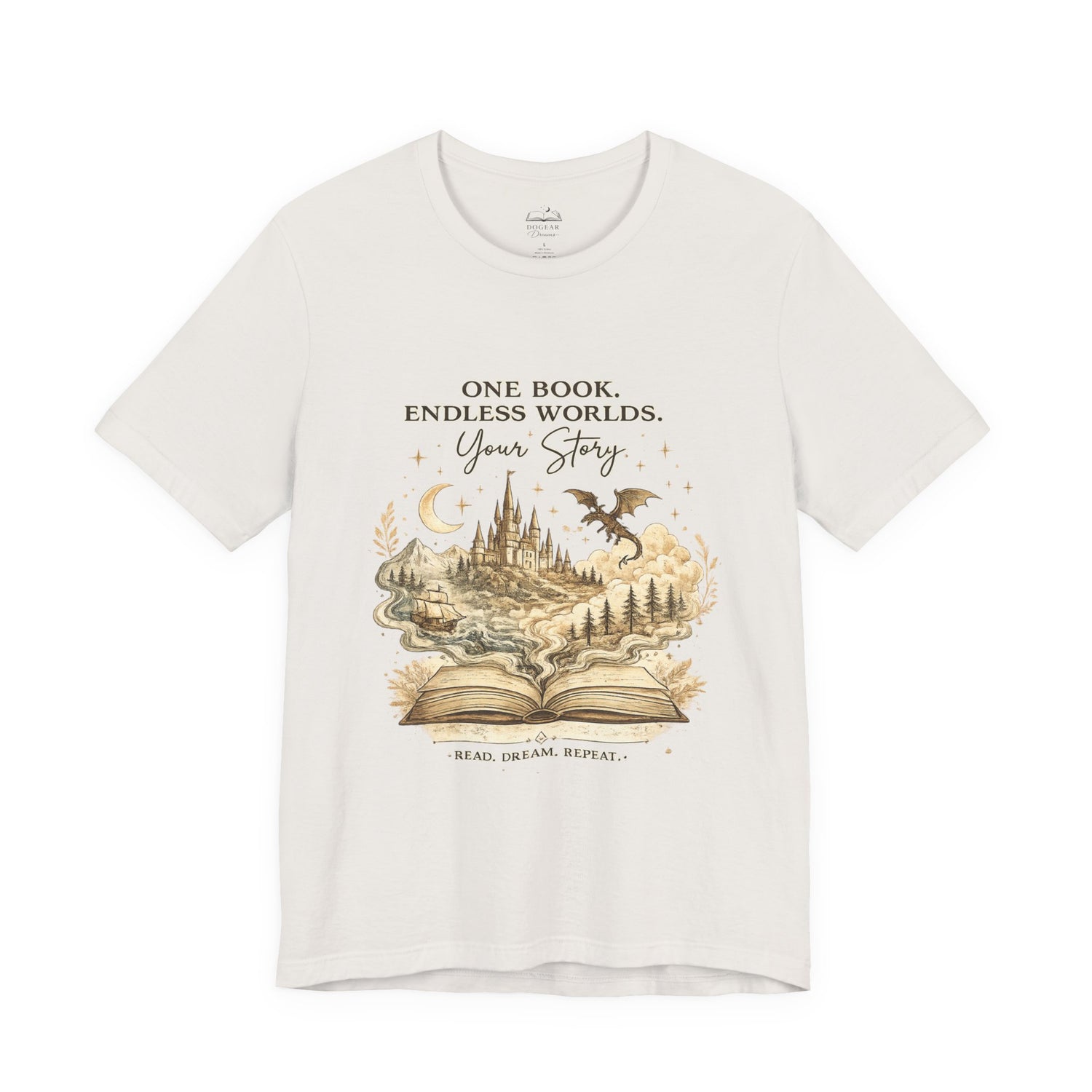 Book Lover Tee — "One Book. Endless Worlds. Your Story." Fantasy Novel Graphic Shirt - Dogear Dreams