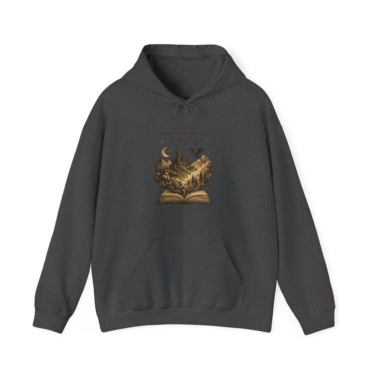 Dark Academia Fantasy Hoodie | One Book Endless Worlds Book Lover Sweatshirt - Dogear Dreams