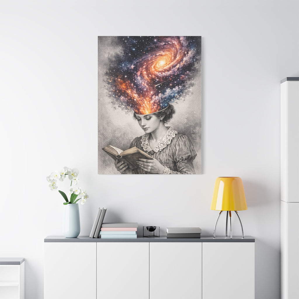 Canvas art of a vintage reader with a glowing galaxy and stars swirling from her mind above an open book.