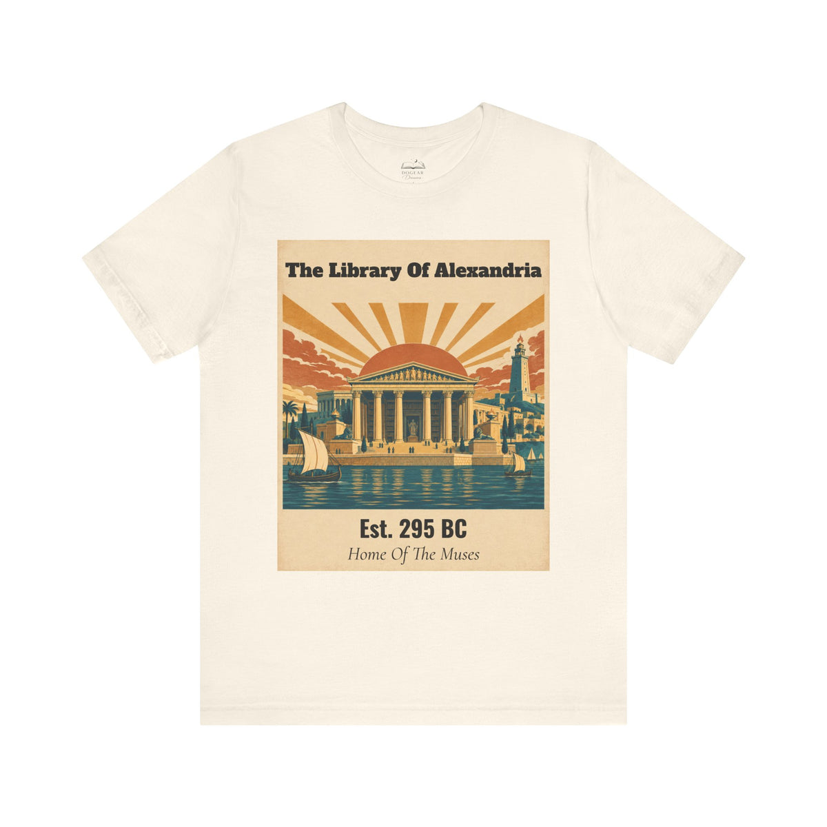 An off-white crewneck t-shirt featuring a vintage-style graphic print of the Library of Alexandria with a classical temple, sailboats, and a sunset.