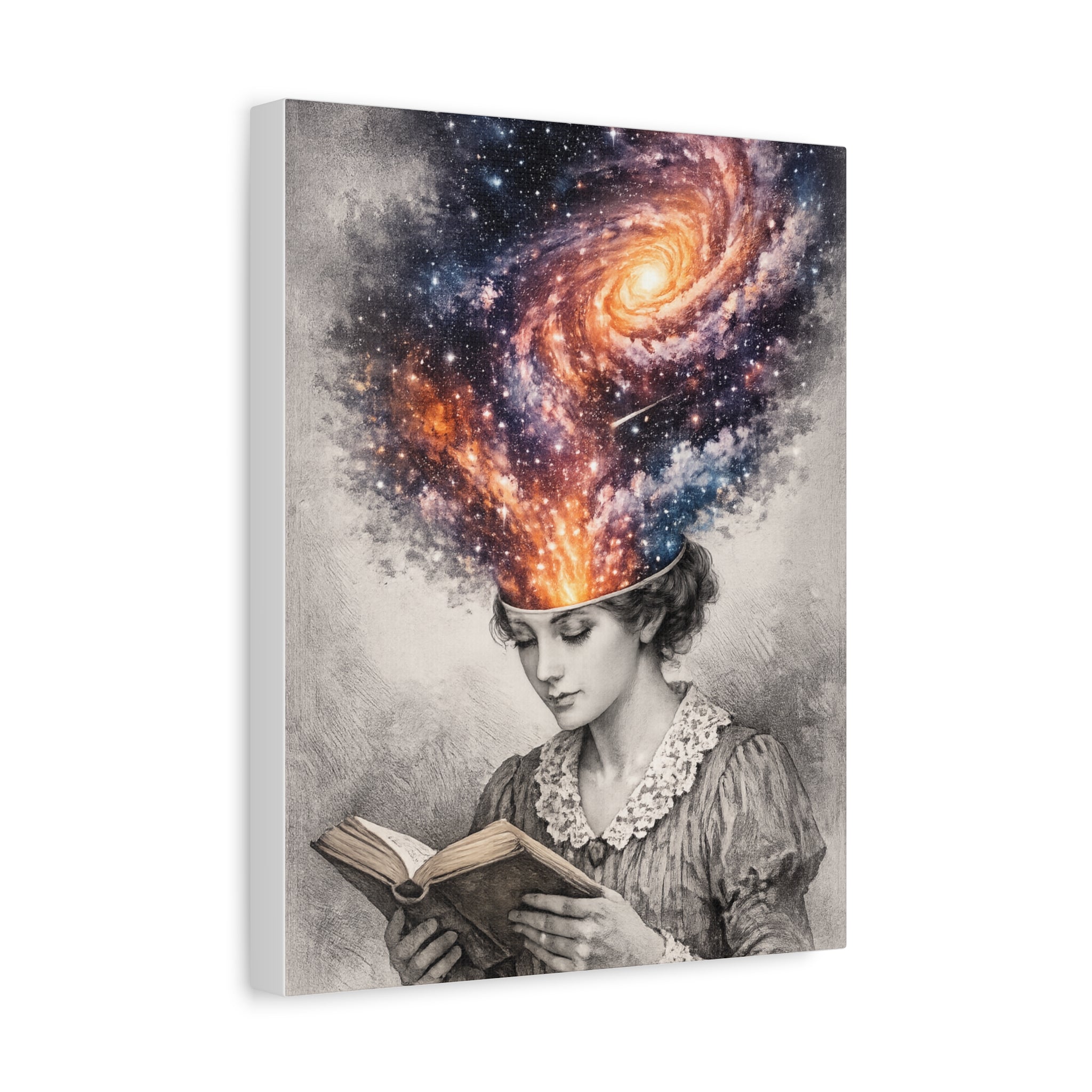 Canvas art of a vintage reader with a glowing galaxy and stars swirling from her mind above an open book.