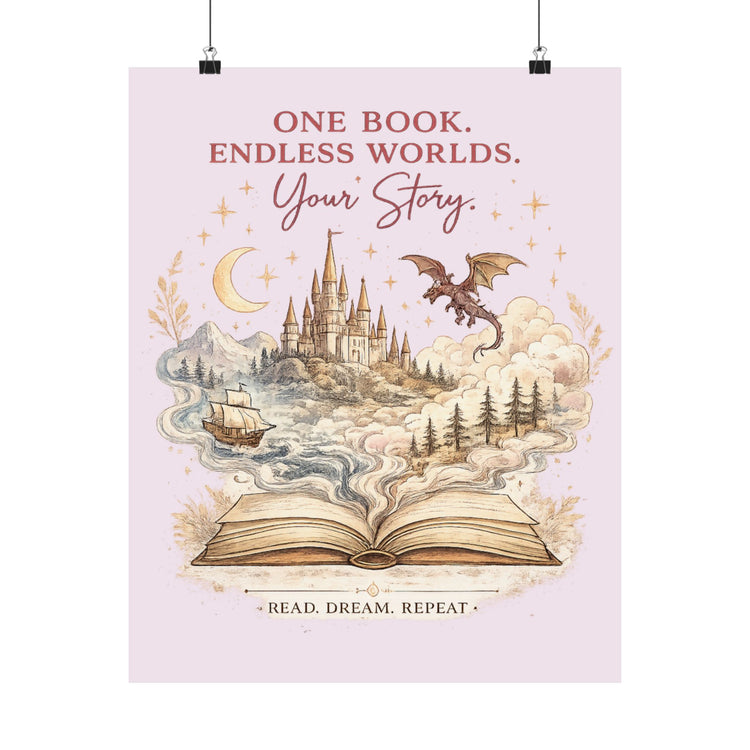 One Book Endless Worlds Fantasy Wall Art | Book Lover Poster | Magical Castle & Dragon Print | Reading Nook Decor | Bookish Gift - Dogear Dreams