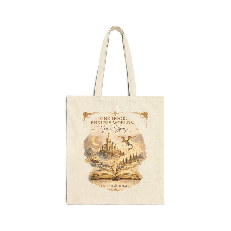 Fantasy Luxe Book Lover Tote Bag | One Book Endless Worlds Library Canvas Tote - Dogear Dreams
