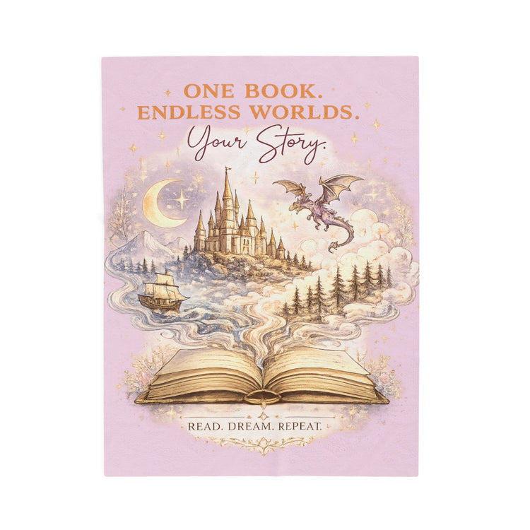 Velveteen Plush Blanket — "One Book, Endless Worlds" Fantasy Reading Throw - Dogear Dreams