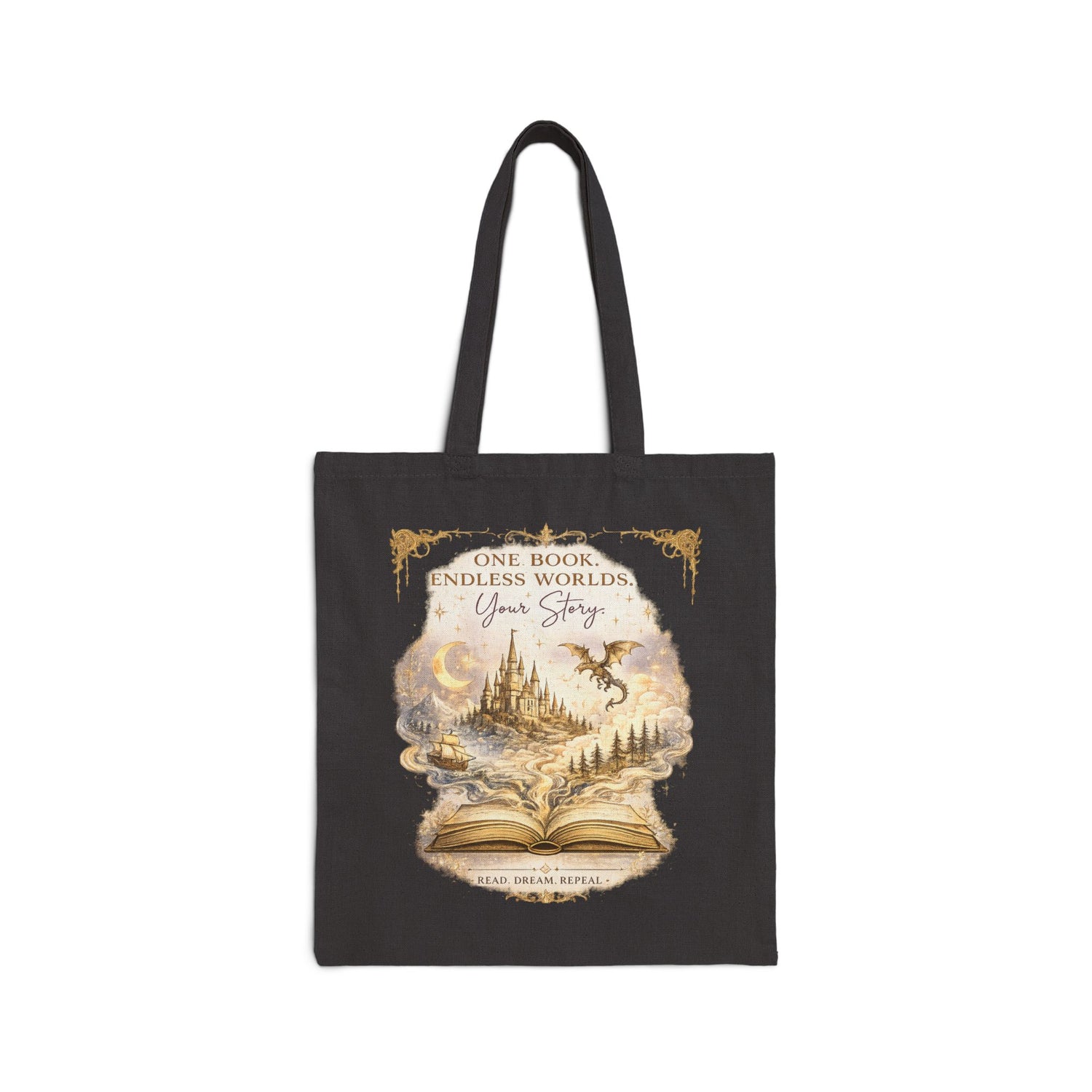 Fantasy Luxe Book Lover Tote Bag | One Book Endless Worlds Library Canvas Tote - Dogear Dreams