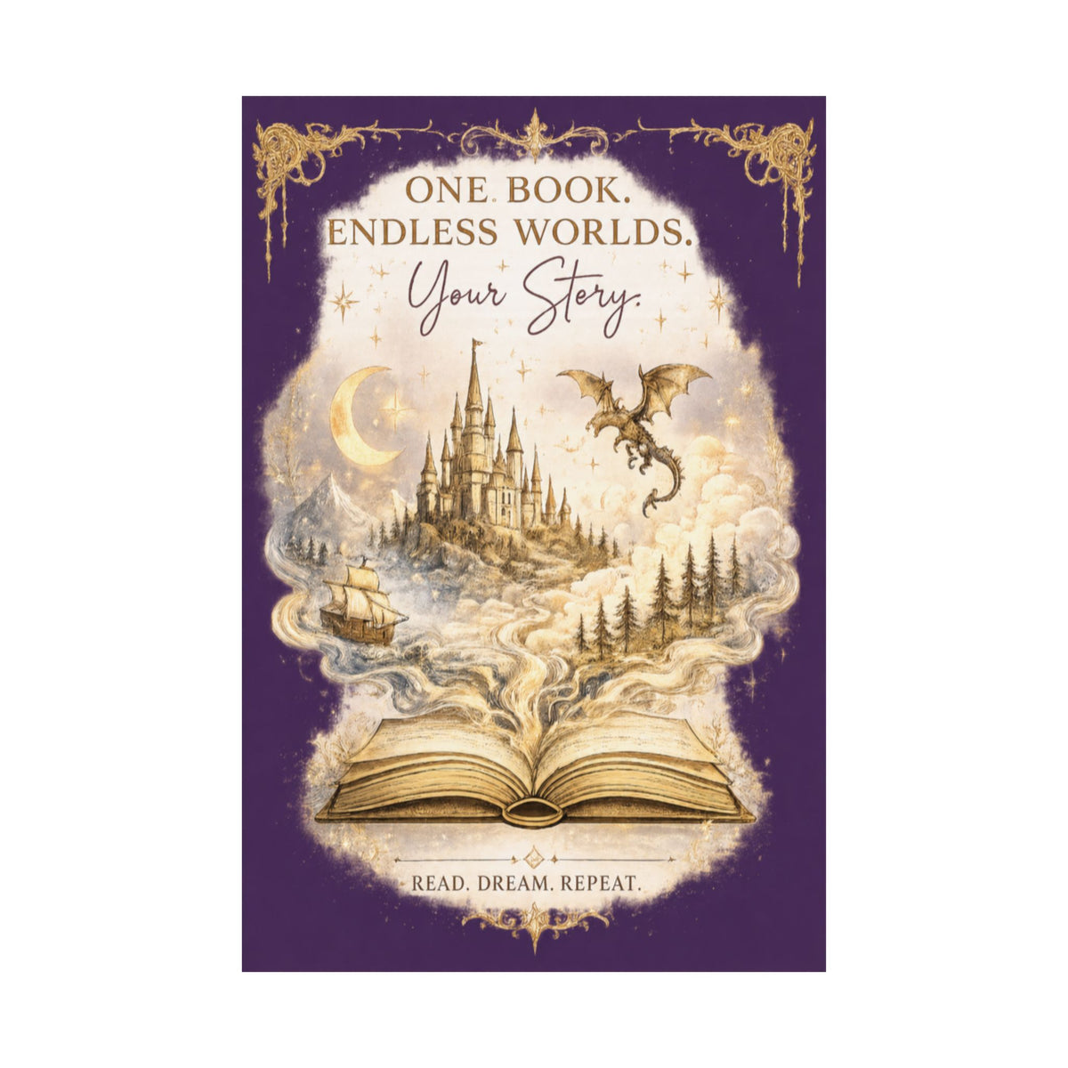 ✨ One Book. Endless Worlds. Your Story. | Fantasy Luxe Matte Poster - Dogear Dreams