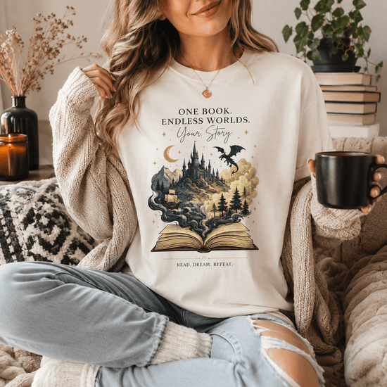 One Book. Endless Worlds | Original Fantasy Book Lover Graphic Tee | Fantasy Reader Shirt | Dragon Book Tee | Literary Gift - Dogear Dreams