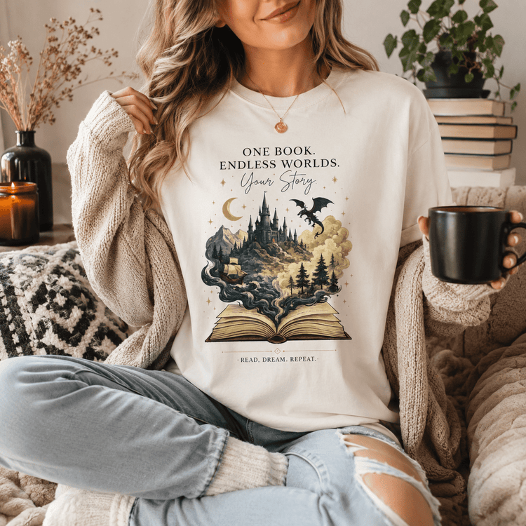 One Book. Endless Worlds | Original Fantasy Book Lover Graphic Tee | Fantasy Reader Shirt | Dragon Book Tee | Literary Gift - Dogear Dreams