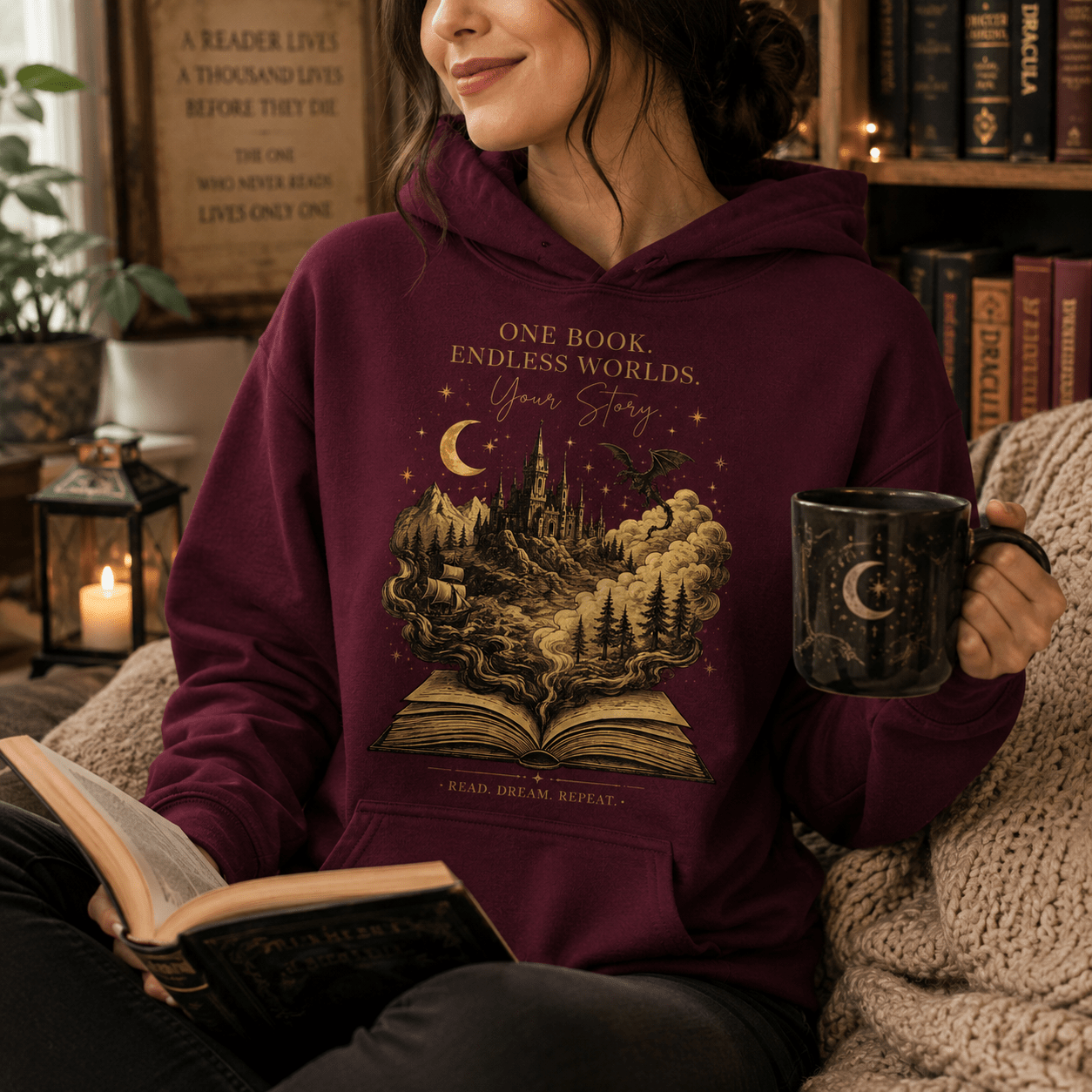 Dark Academia Fantasy Hoodie | One Book Endless Worlds Book Lover Sweatshirt - Dogear Dreams