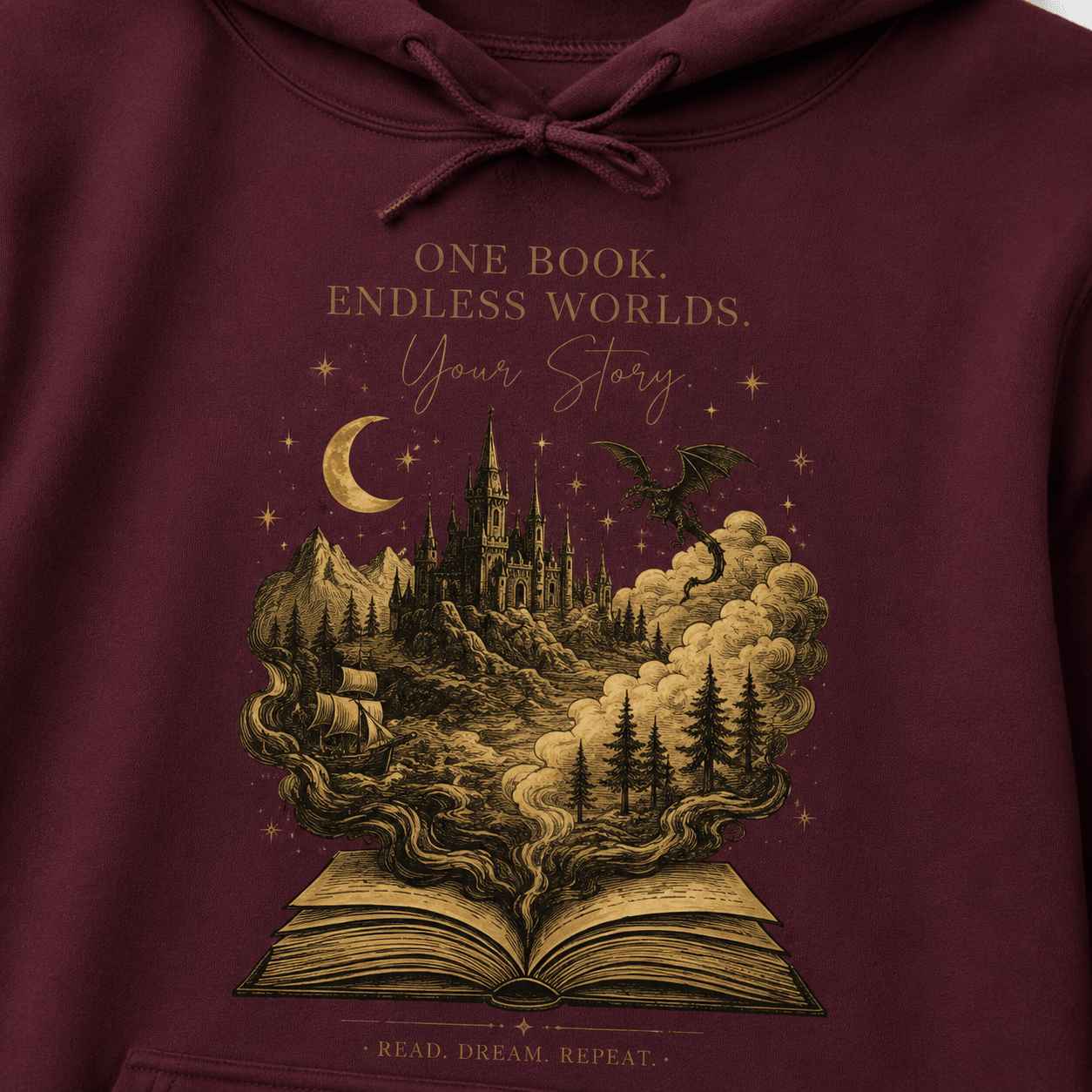 Dark Academia Fantasy Hoodie | One Book Endless Worlds Book Lover Sweatshirt - Dogear Dreams