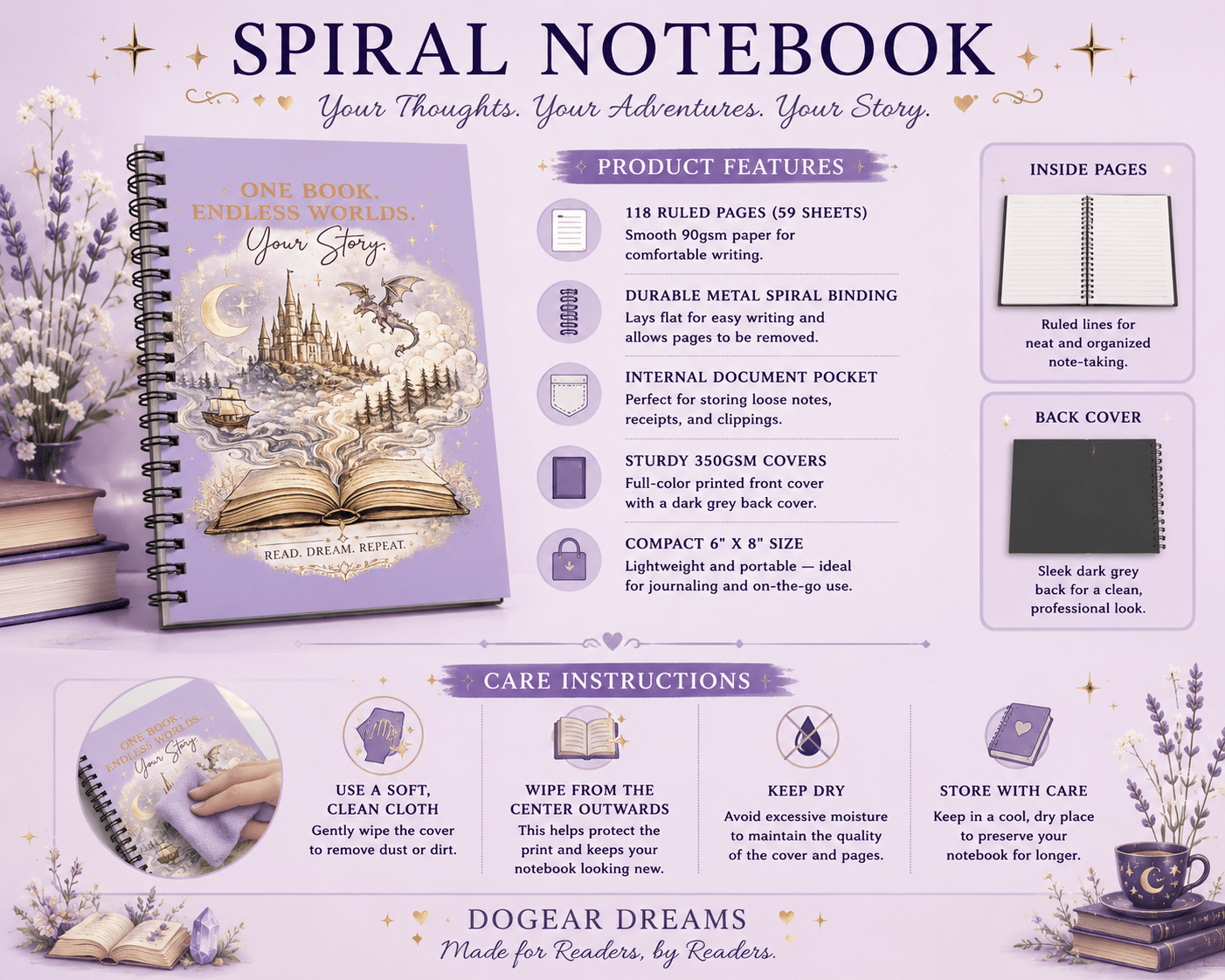 Kawaii Fantasy Book Lover Spiral Notebook | One Book Endless Worlds Spiral Notebook for Book Lovers - Dogear Dreams