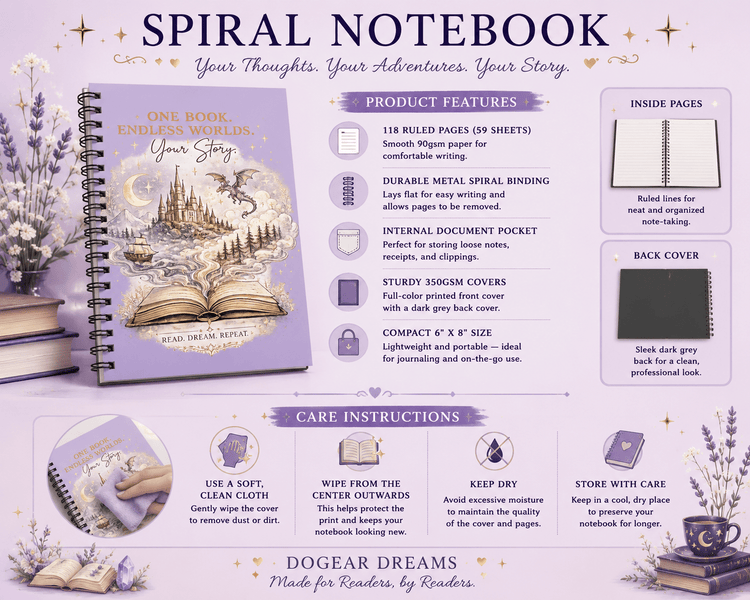 Kawaii Fantasy Book Lover Spiral Notebook | One Book Endless Worlds Spiral Notebook for Book Lovers - Dogear Dreams