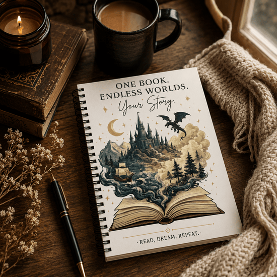 One Book. Endless Worlds. Your Story. | Original Fantasy Spiral Notebook - Dogear Dreams
