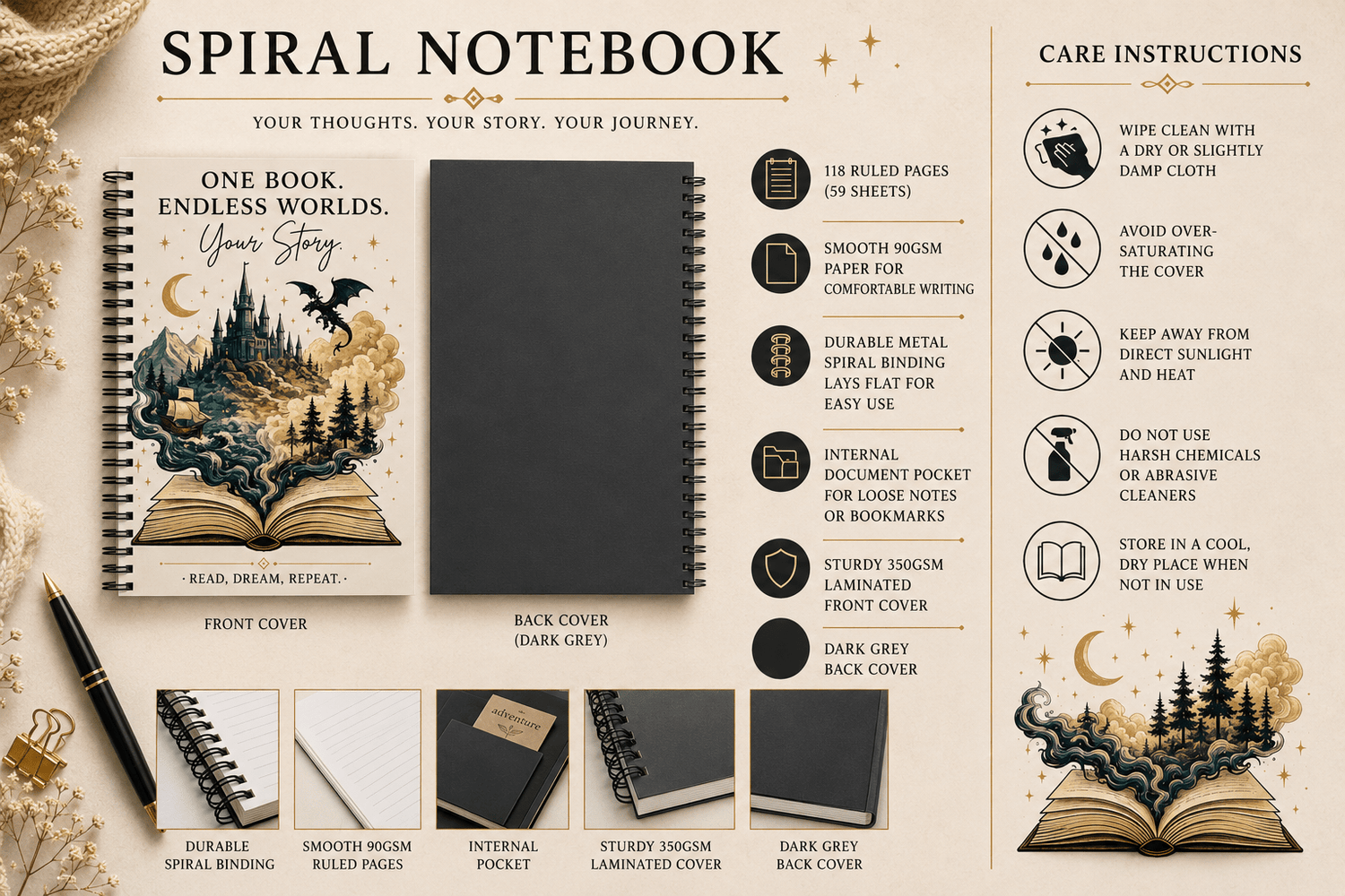 One Book. Endless Worlds. Your Story. | Original Fantasy Spiral Notebook - Dogear Dreams