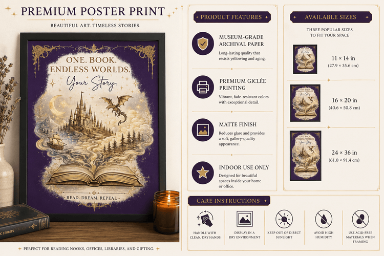 ✨ One Book. Endless Worlds. Your Story. | Fantasy Luxe Matte Poster - Dogear Dreams
