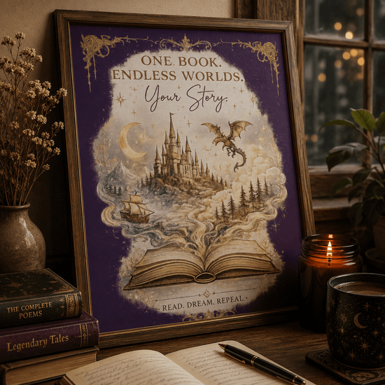 ✨ One Book. Endless Worlds. Your Story. | Fantasy Luxe Matte Poster - Dogear Dreams