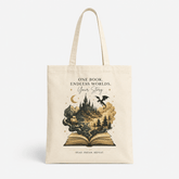 Book Lovers Tote Bag – "One Book Endless Worlds" Fantasy Canvas Book Tote - Dogear Dreams