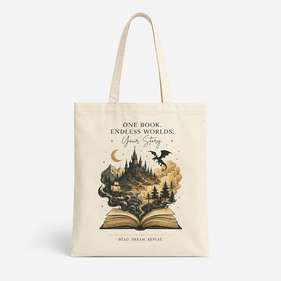 Book Lovers Tote Bag – "One Book Endless Worlds" Fantasy Canvas Book Tote - Dogear Dreams