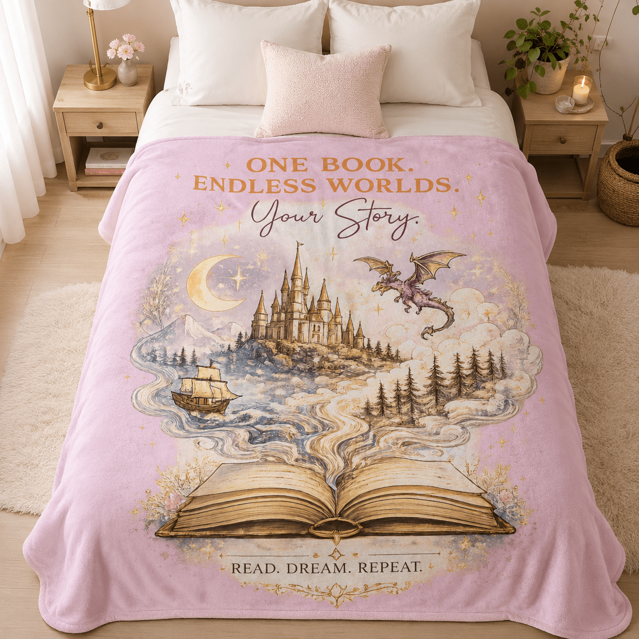 Velveteen Plush Blanket — "One Book, Endless Worlds" Fantasy Reading Throw - Dogear Dreams
