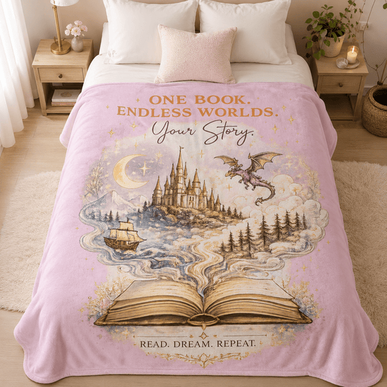 Velveteen Plush Blanket — "One Book, Endless Worlds" Fantasy Reading Throw - Dogear Dreams