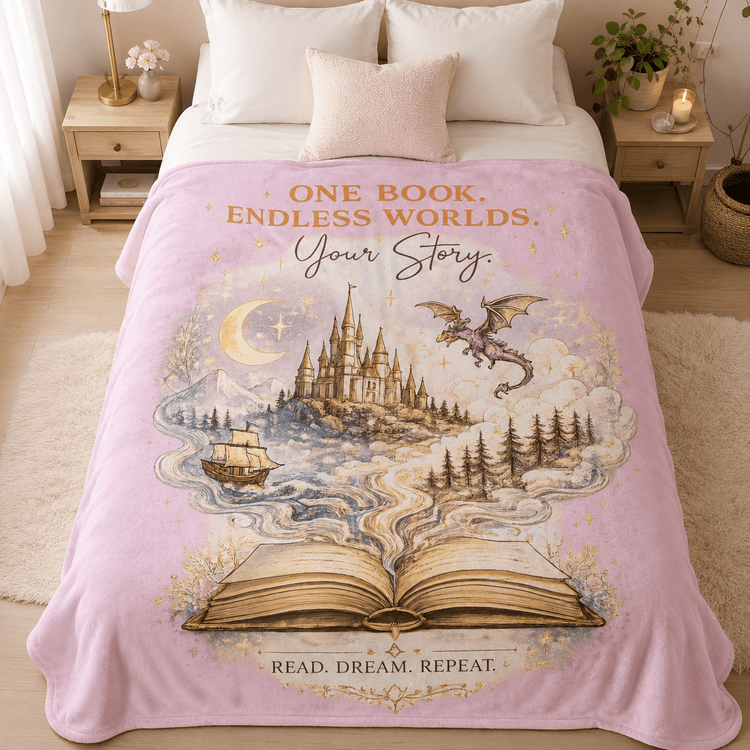 Velveteen Plush Blanket — "One Book, Endless Worlds" Fantasy Reading Throw - Dogear Dreams
