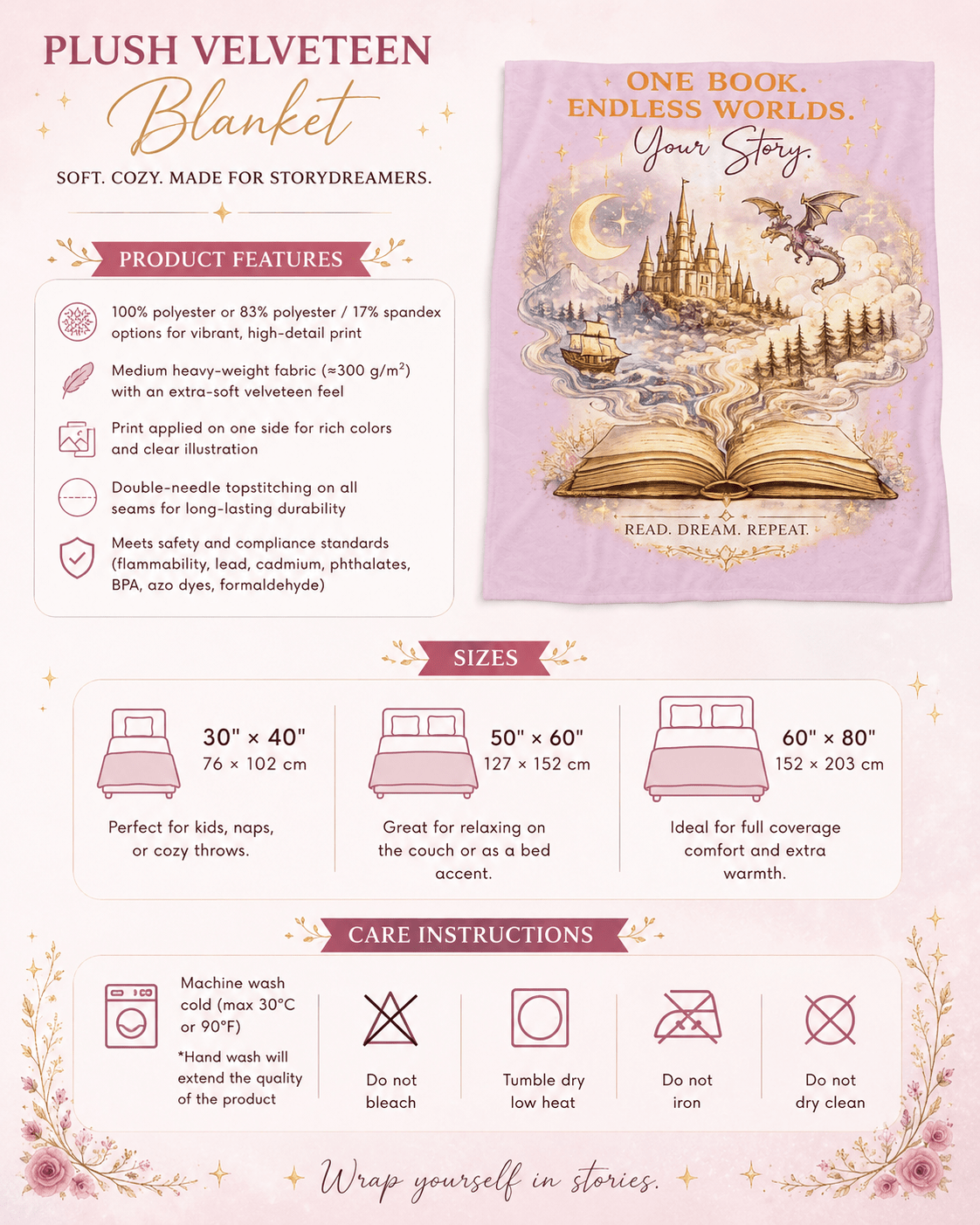 Velveteen Plush Blanket — "One Book, Endless Worlds" Fantasy Reading Throw - Dogear Dreams
