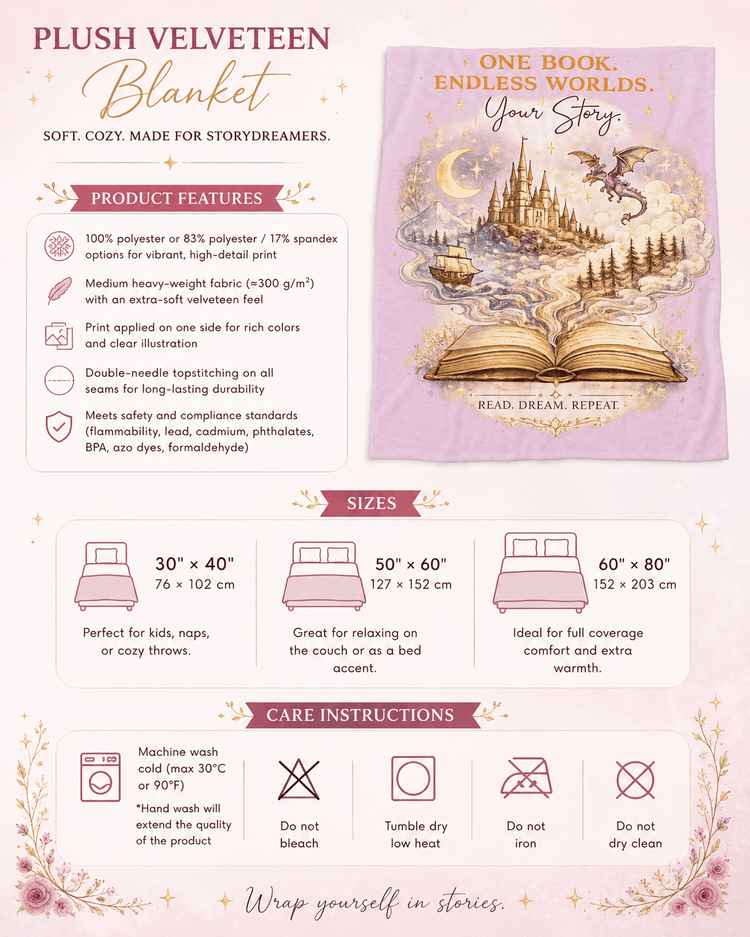 Velveteen Plush Blanket — "One Book, Endless Worlds" Fantasy Reading Throw - Dogear Dreams