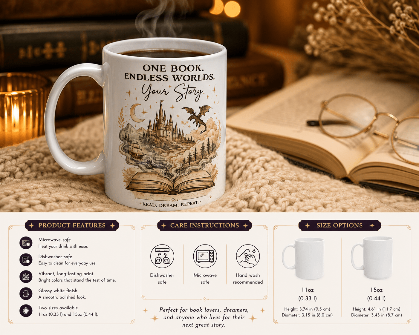 Fantasy Book Lover Ceramic Mug — "Meet Me Where Our Worlds Collide" Illustration (11oz, 15oz) - Dogear Dreams