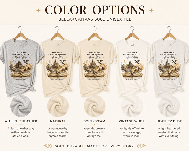 Book Lover Tee — "One Book. Endless Worlds. Your Story." Fantasy Novel Graphic Shirt - Dogear Dreams