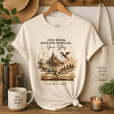 Book Lover Tee — "One Book. Endless Worlds. Your Story." Fantasy Novel Graphic Shirt - Dogear Dreams