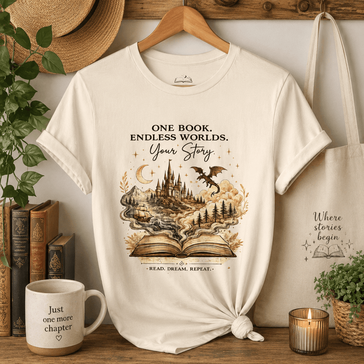 Book Lover Tee — "One Book. Endless Worlds. Your Story." Fantasy Novel Graphic Shirt - Dogear Dreams
