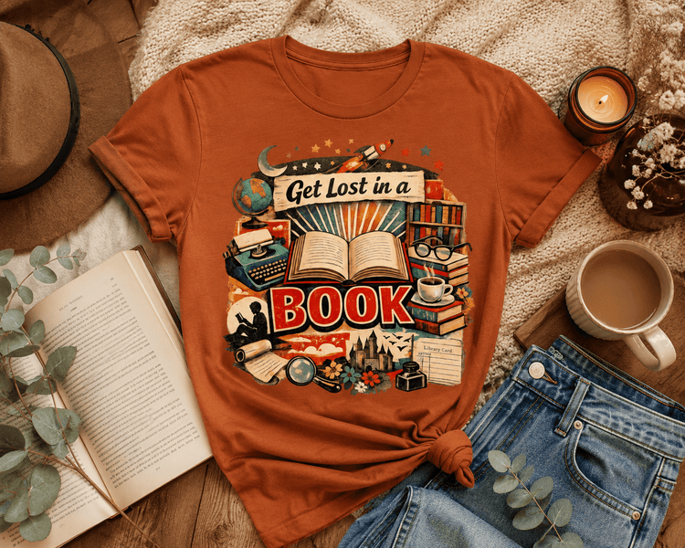 Get Lost in a Book Retro Graphic Tee, Vintage Book Lover Shirt, Reading Lover Gift, Librarian Tee, Bookish Aesthetic T-Shirt - Dogear Dreams
