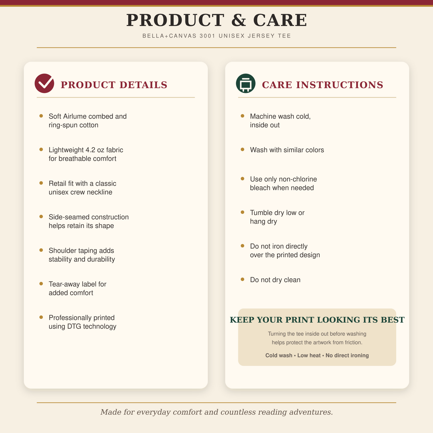 A product and care information graphic for a Bella+Canvas 301 Unisex Jersey tee, showing product details and care instructions in a clean, two-column layout on a light beige background.