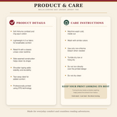A product and care information graphic for a Bella+Canvas 301 Unisex Jersey tee, showing product details and care instructions in a clean, two-column layout on a light beige background.