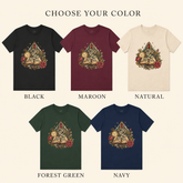 A color selection graphic showing five short-sleeve graphic T-shirts on a light beige background with the text &