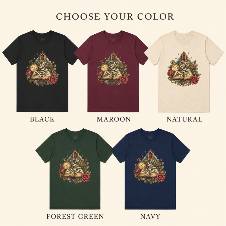 A color selection graphic showing five short-sleeve graphic T-shirts on a light beige background with the text &