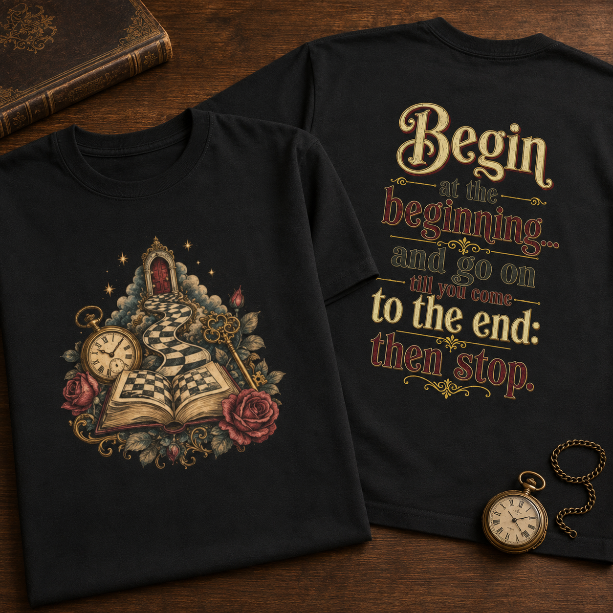 Two black graphic T-shirts displayed on a wooden surface, showing the front and back designs. The front features an illustration of an open book with a checkered board, roses, and a pocket watch.