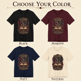 Four graphic T-shirts shown in different color options under the heading &