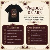 A product and care infographic for a Bella+Canvas 3001 unisex jersey tee. The top section shows a black crewneck t-shirt with a detailed graphic of an open book and the words &