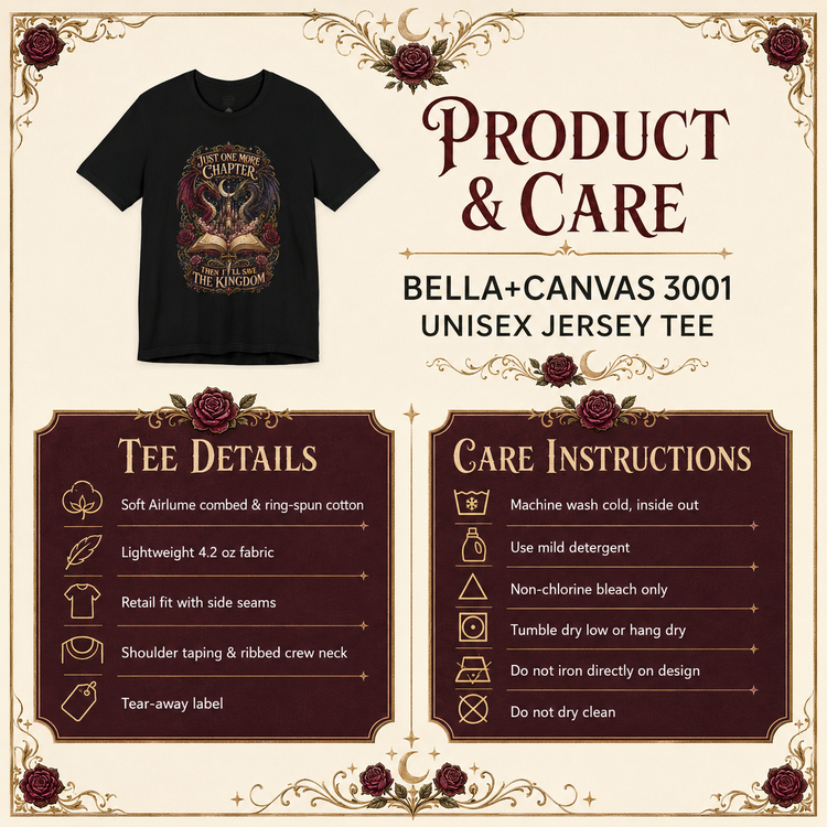 A product and care infographic for a Bella+Canvas 3001 unisex jersey tee. The top section shows a black crewneck t-shirt with a detailed graphic of an open book and the words &